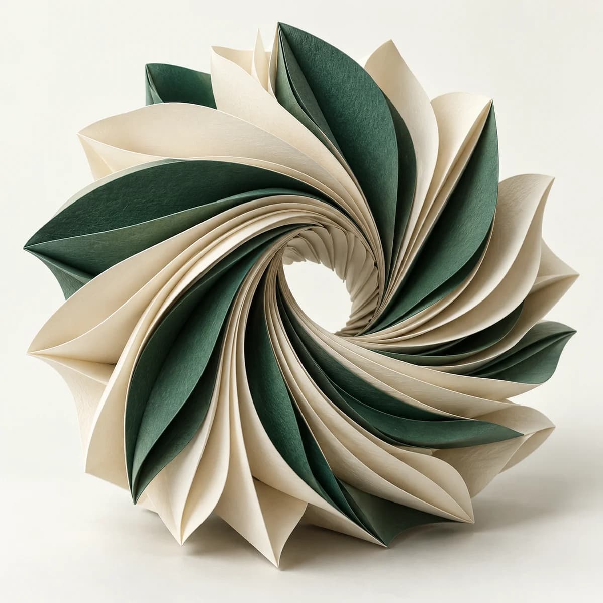 Ivory and forest green paper pages unfolding into a sculptural spiral